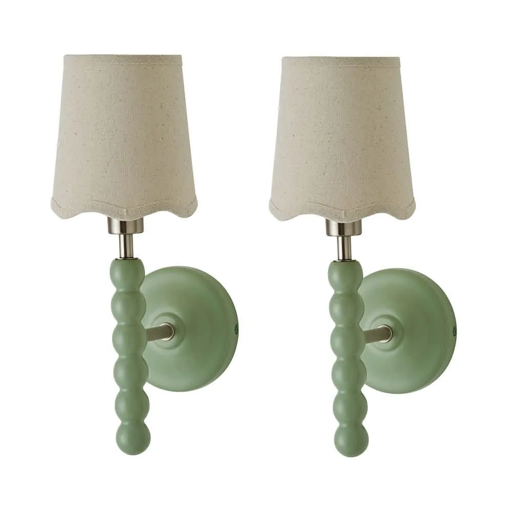 ValueLights Bobbins Pair of Pastel Wall Lights & Natural Linen Trim Lamp Shades in Pale Green 1