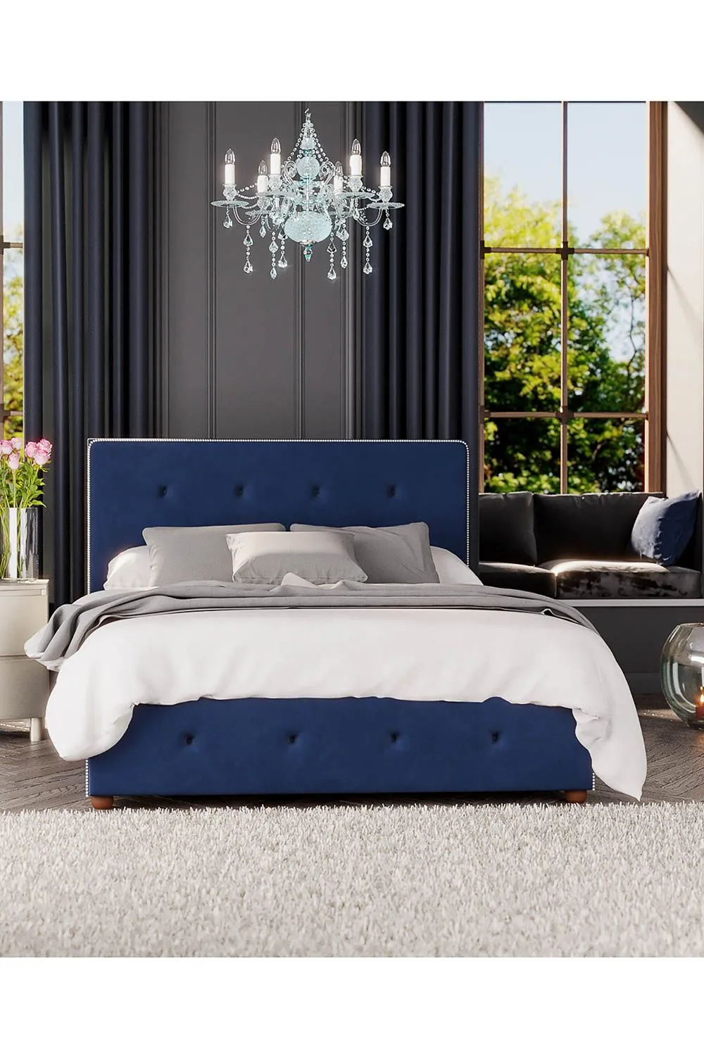 Laurence Llewelyn-Bowen Hesper Ottoman Storage Bed in Plush Velvet Fabric, Custom Made in Navy 5