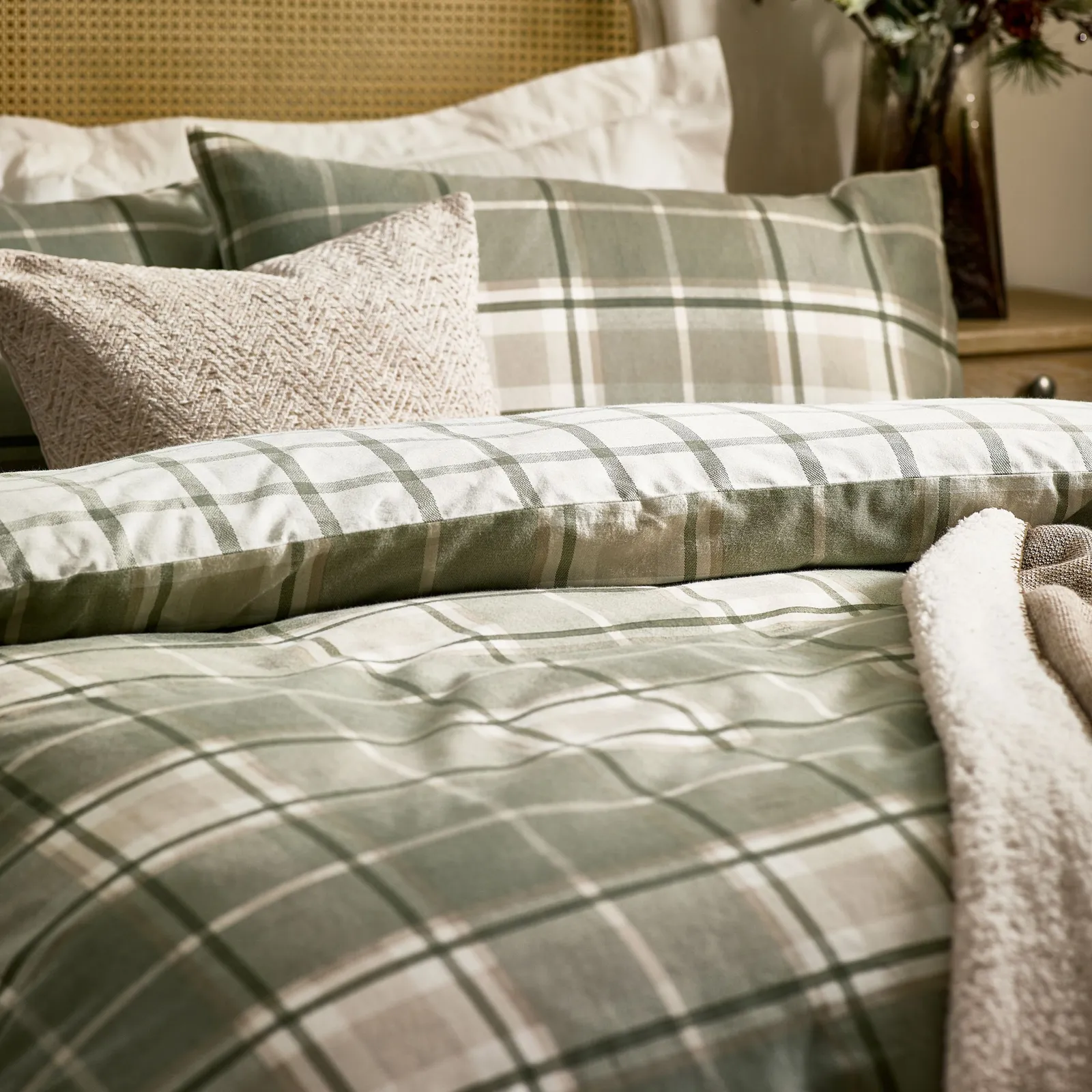 Wylder Braemar Check 100% Brushed Cotton Duvet Cover Set in Pale Green 2