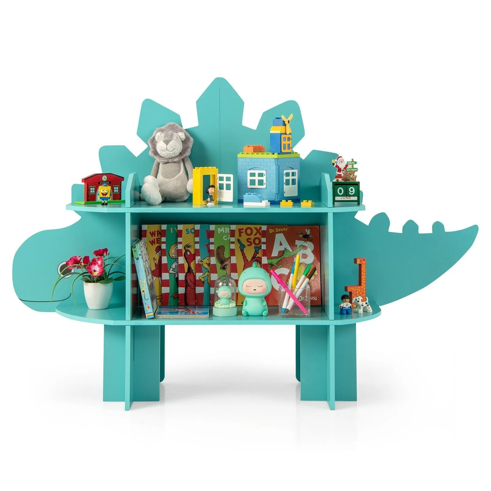 Costway Dinosaur Bookcase 2-Tier Toy Storage Organizer Wooden Bookshelf in Green