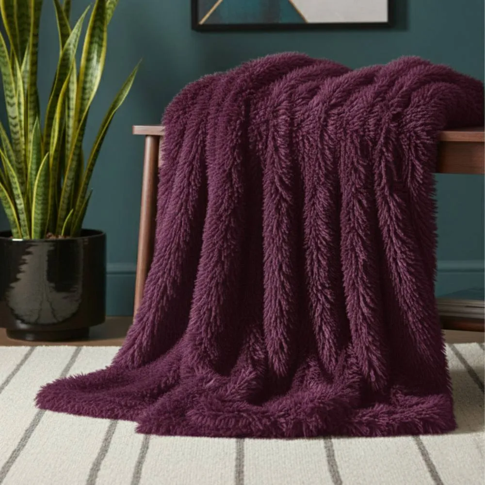 Snug City Cuddly Extra Fluffy Throw Ultra Soft Plush Blanket Sofa Bed Home Decor in Plum