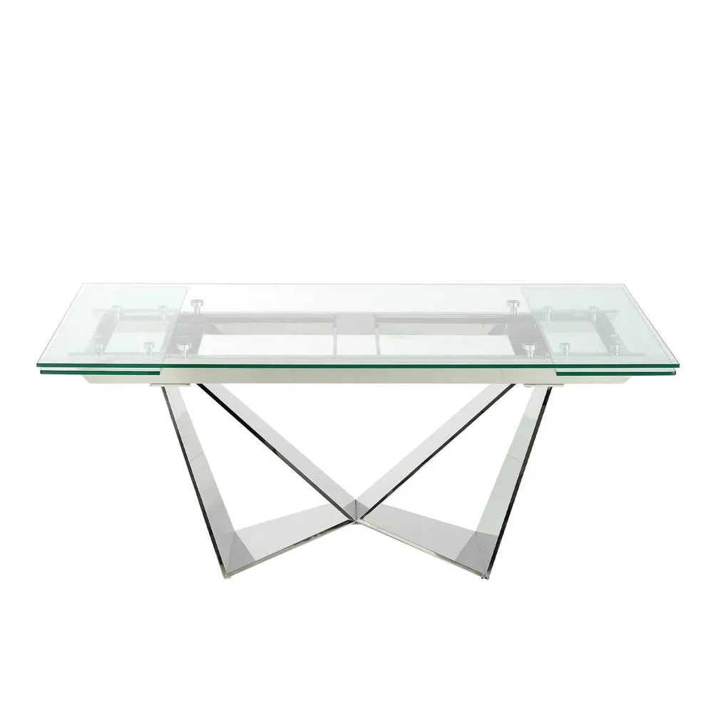 Angel Cerda Rectangular Extendable Dining Table, Tempered Glass, Chrome Legs in Silver 2