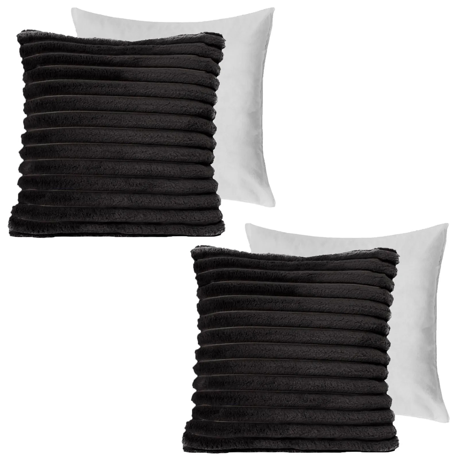 OHS 2 x Faux Fur Thick Rib Filled Cushion Covers in Black