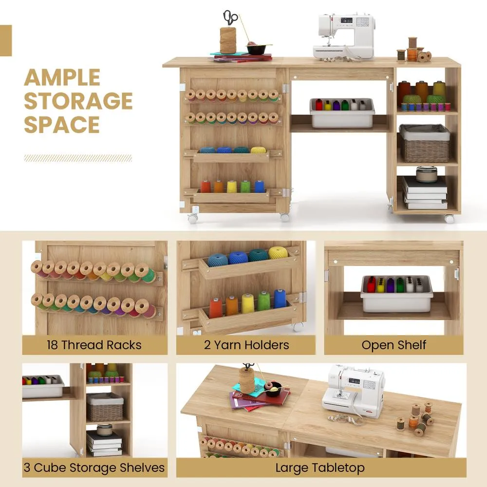 Costway Folding Sewing Table Sewing Machine Craft Station w/18 Pegs&2 Bins in Natural 4