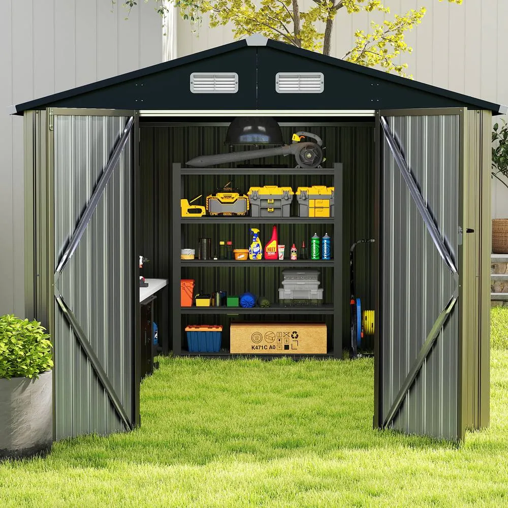 Costway Outdoor Storage Shed Large Utility Tool House w/Top Sloping Design in Grey 3