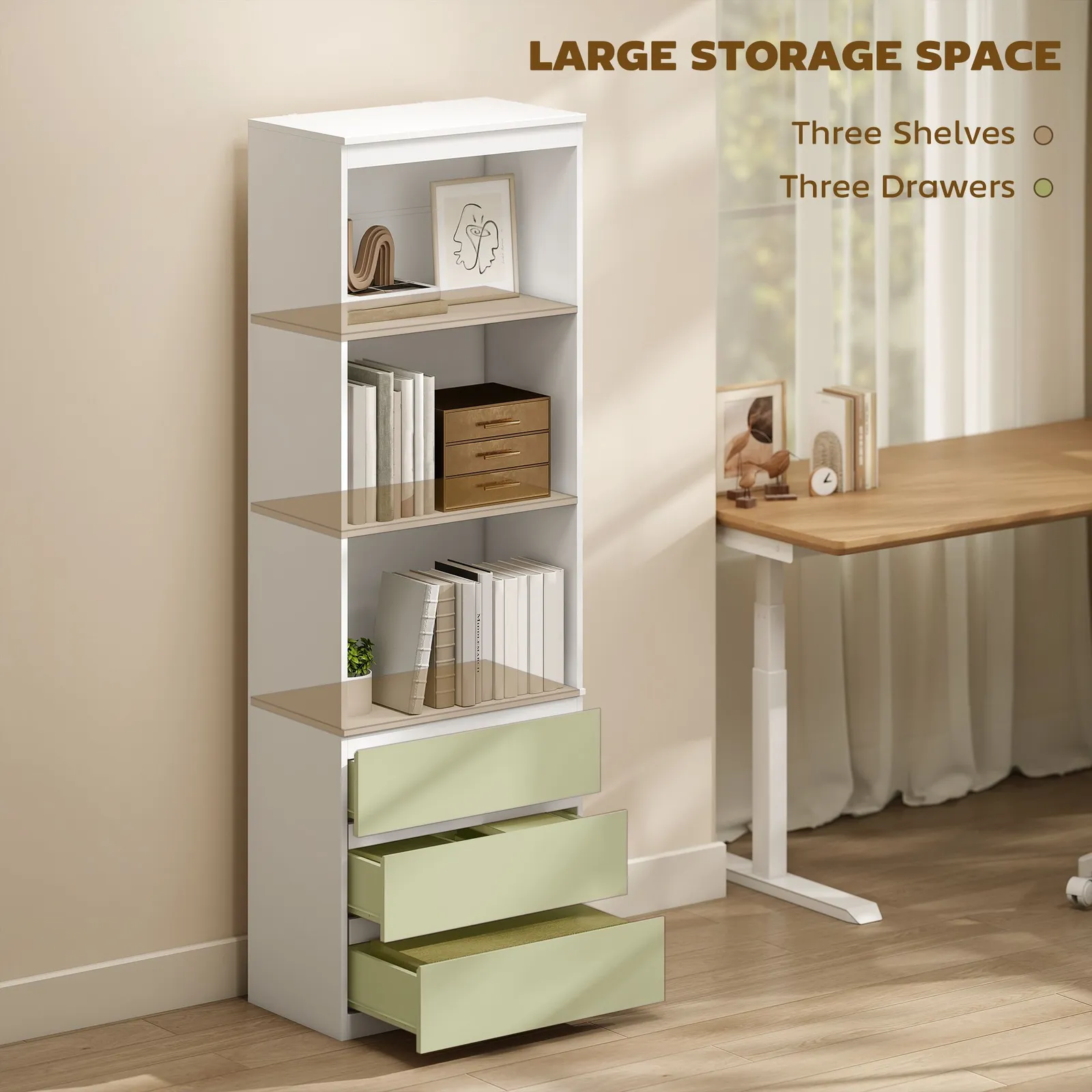 HOMCOM 180cm Tall Bookcase with Storage, Free Standing Bookshelf with 3 Shelves & 3 Drawers, Display Cabinet for Living Room, Home Office, Bedroom 4