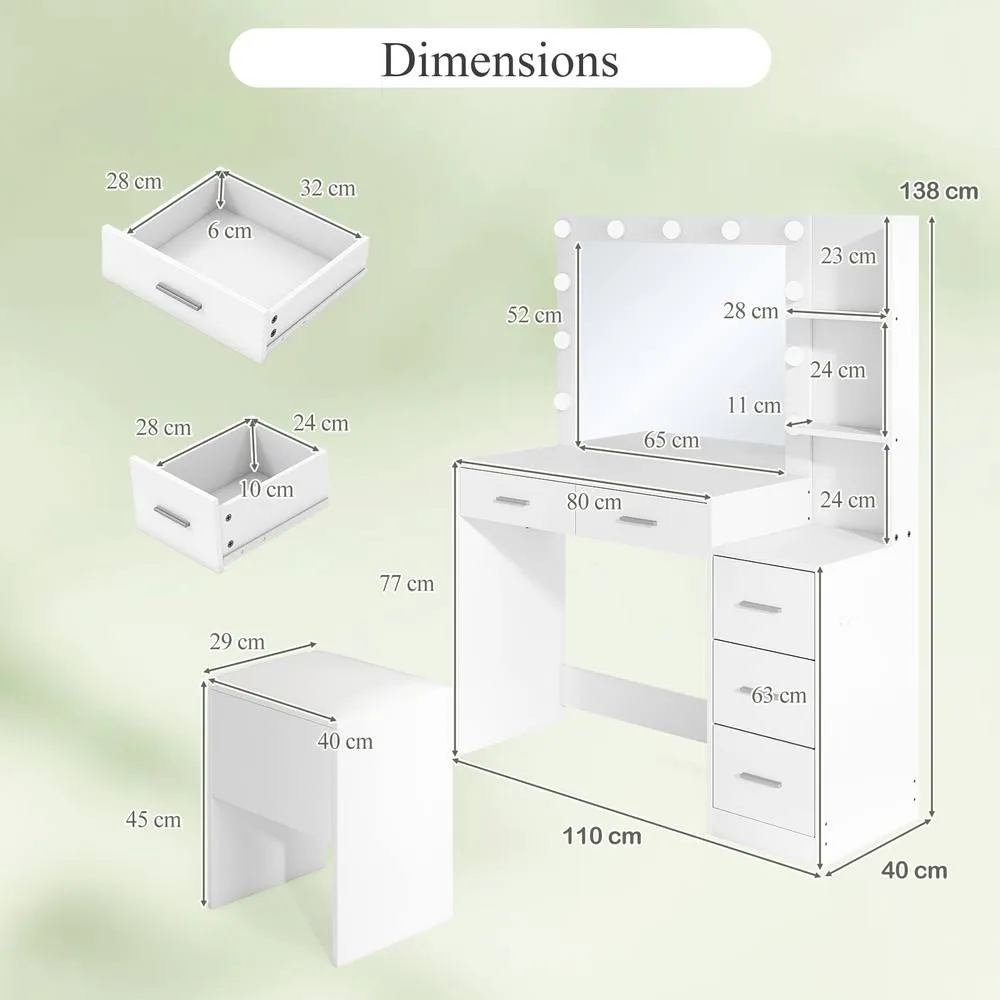 Costway Modern Vanity Desk w/5 Drawers &Stool Makeup Table Set w/Power Outlets in White 2