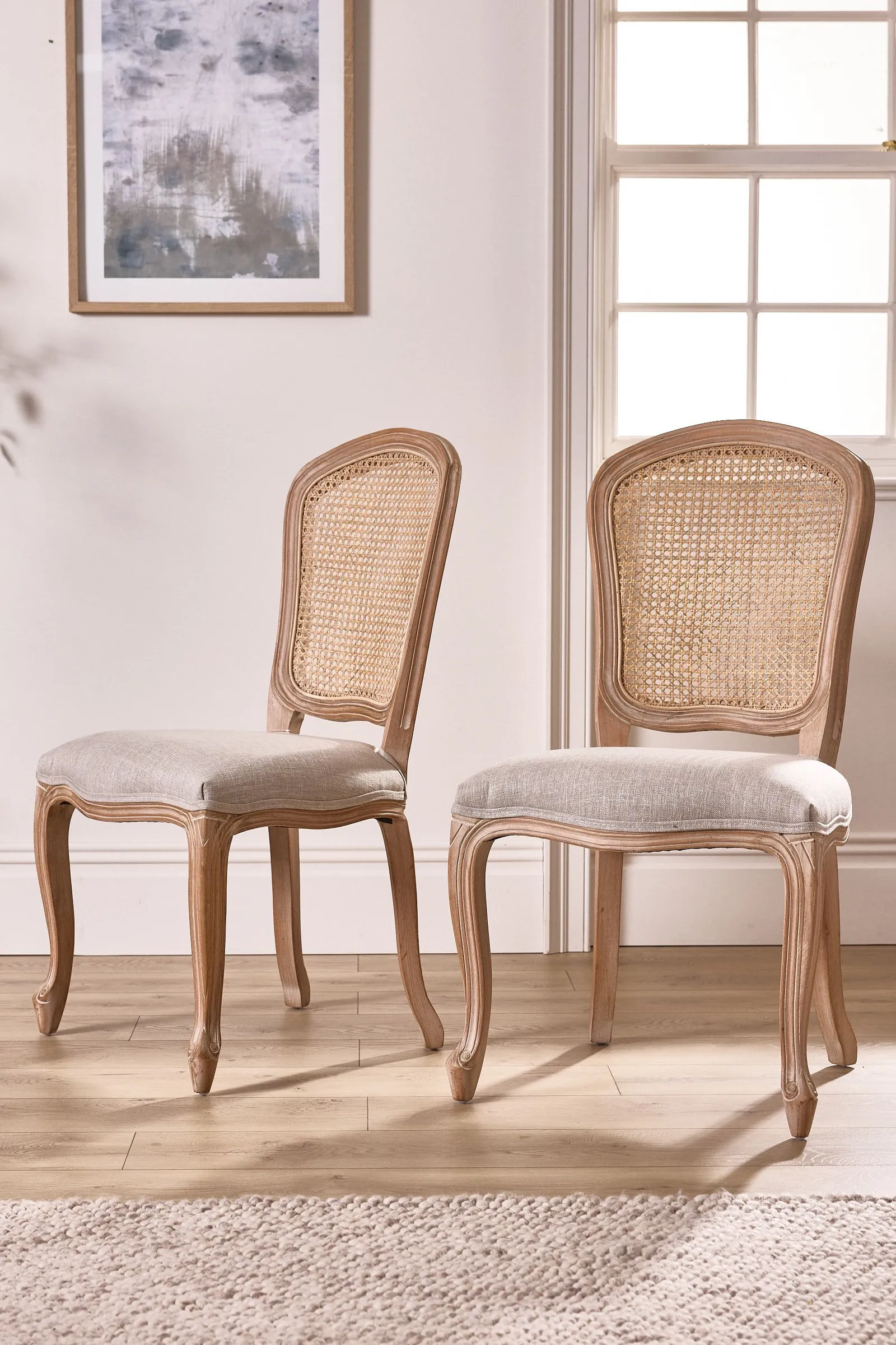 Dibor Set of 4 Rustic Vintage Loire Solid Wood Frame Home Furniture Rattan Back Dining Chairs in Grey