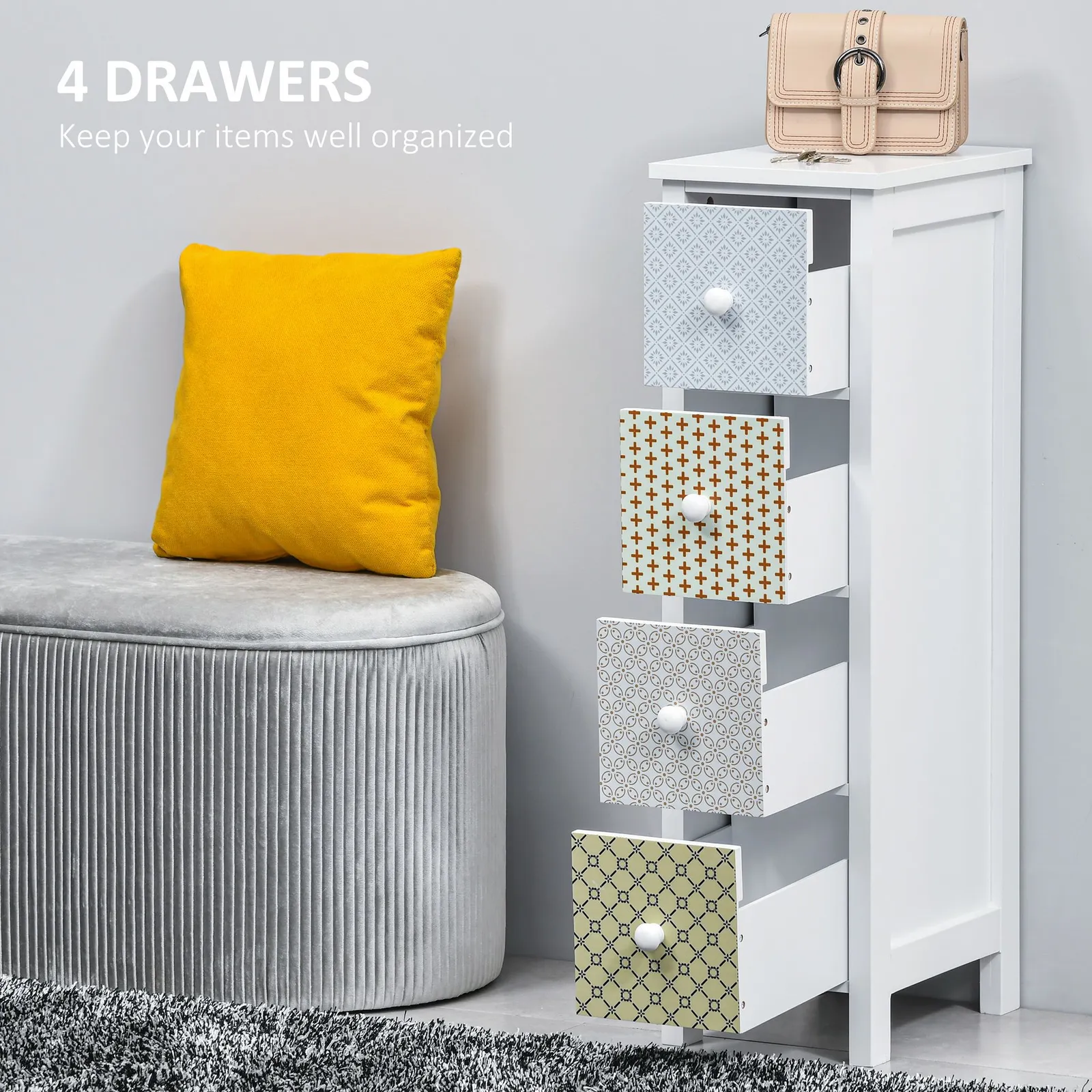 HOMCOM Chest of Drawers 4 Drawer Dresser Slim Storage Cabinet for Bedroom in White 4