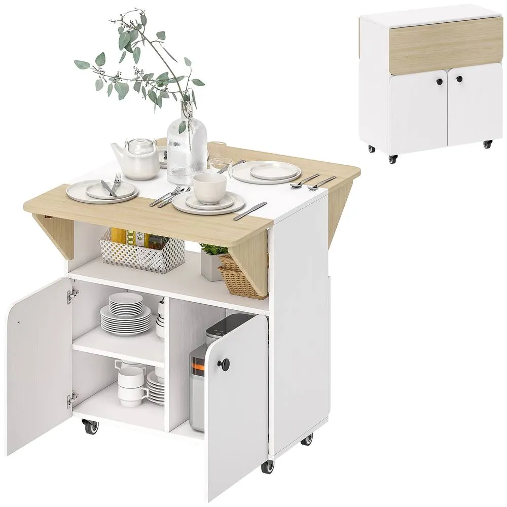 HOMCOM Folding Dining Table, Rolling Drop Leaf Table with Hidden Shelf in White 2
