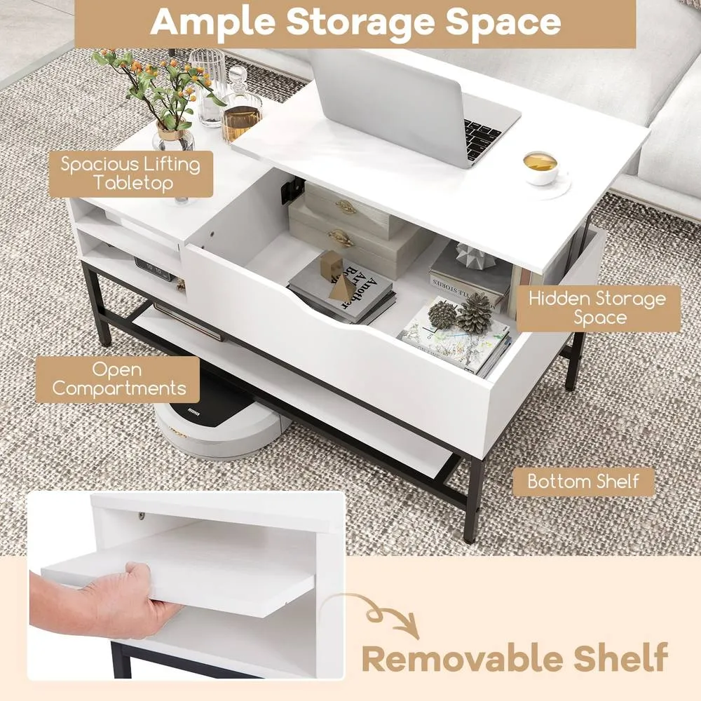 Costway Modern Lift Top Coffee Table Side Table Snack Table w/ Storage Shelf in White 5