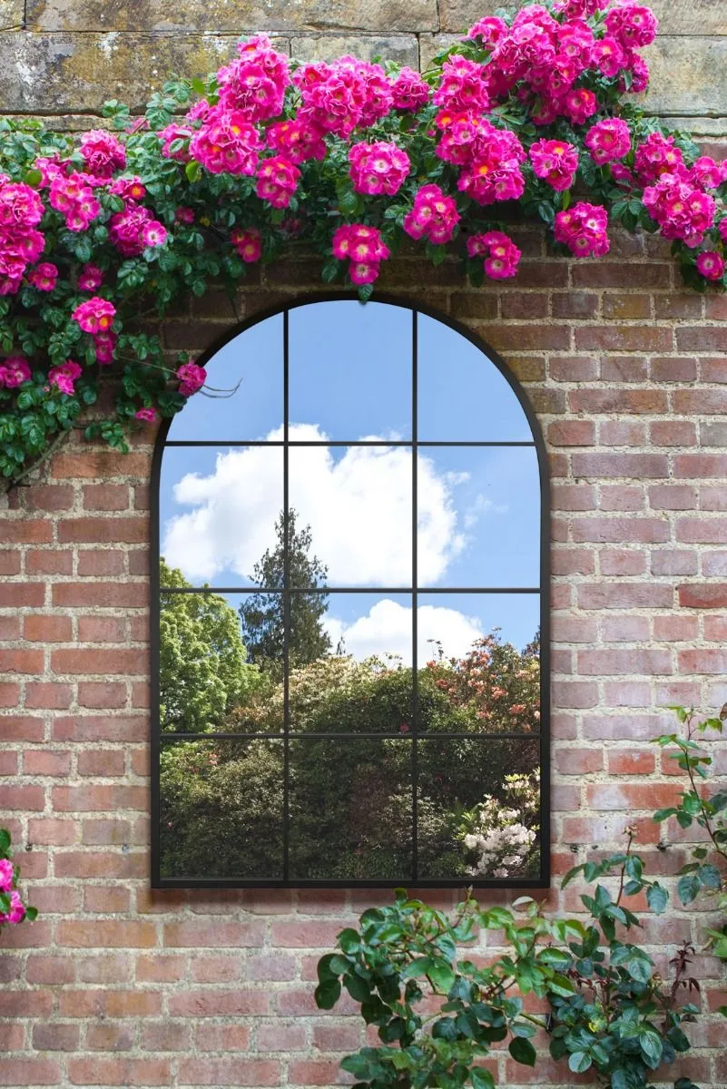 MirrorOutlet Black Metal Framed Arched Window Wall Garden Mirror (120CM X 80CM)