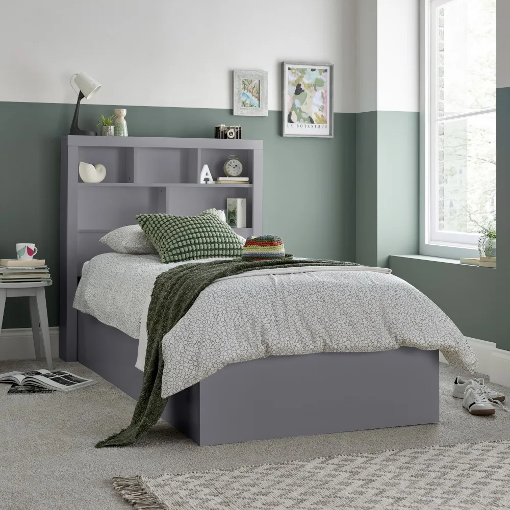 Oscar - Single - Bookcase Ottoman Storage Bed - Grey - Wooden - 3ft - Happy Beds
