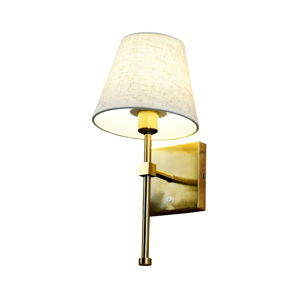 First Choice Lighting Horrace - Satin Brass Rechargeable Wall Light with Linen Shade in Gold 2