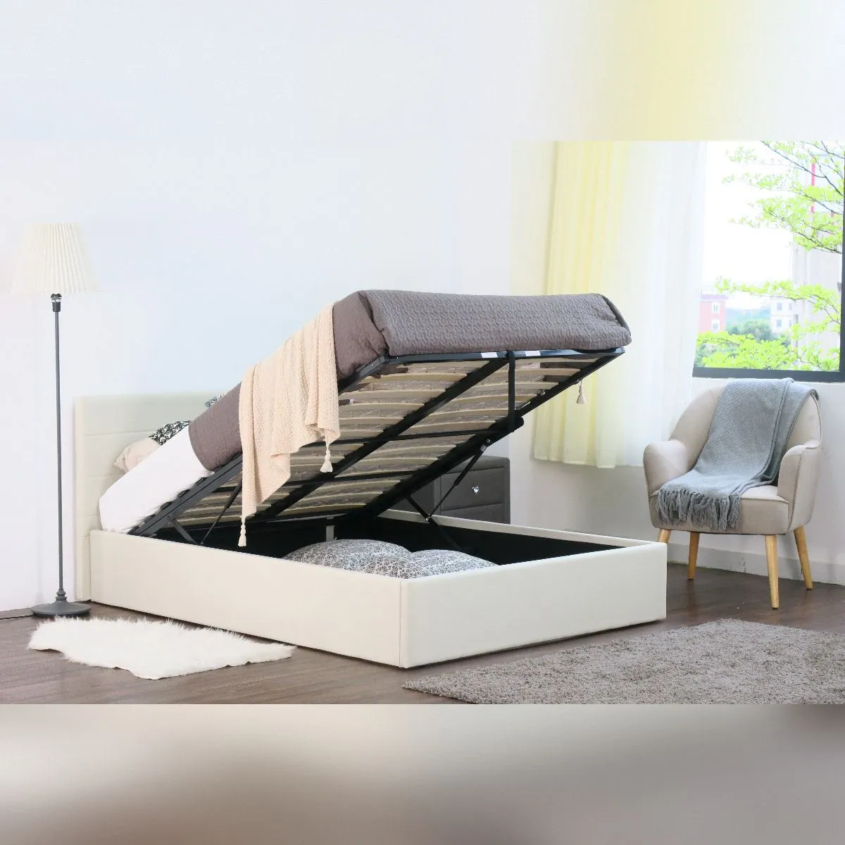 Comfy Living Ltd Linen Fabric Gas Lift Ottoman Bed in Cream