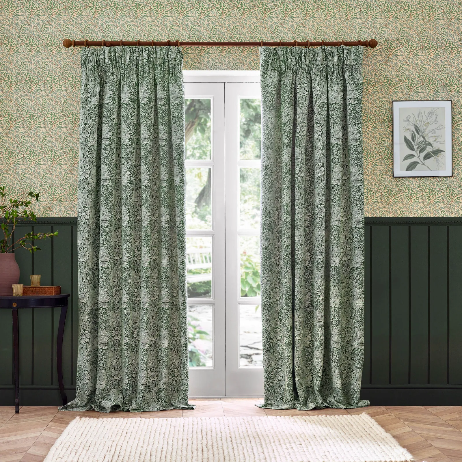 Morris & Co Marigold Jacquard Floral Room Darkening Pencil Pleat Curtains in Green 6