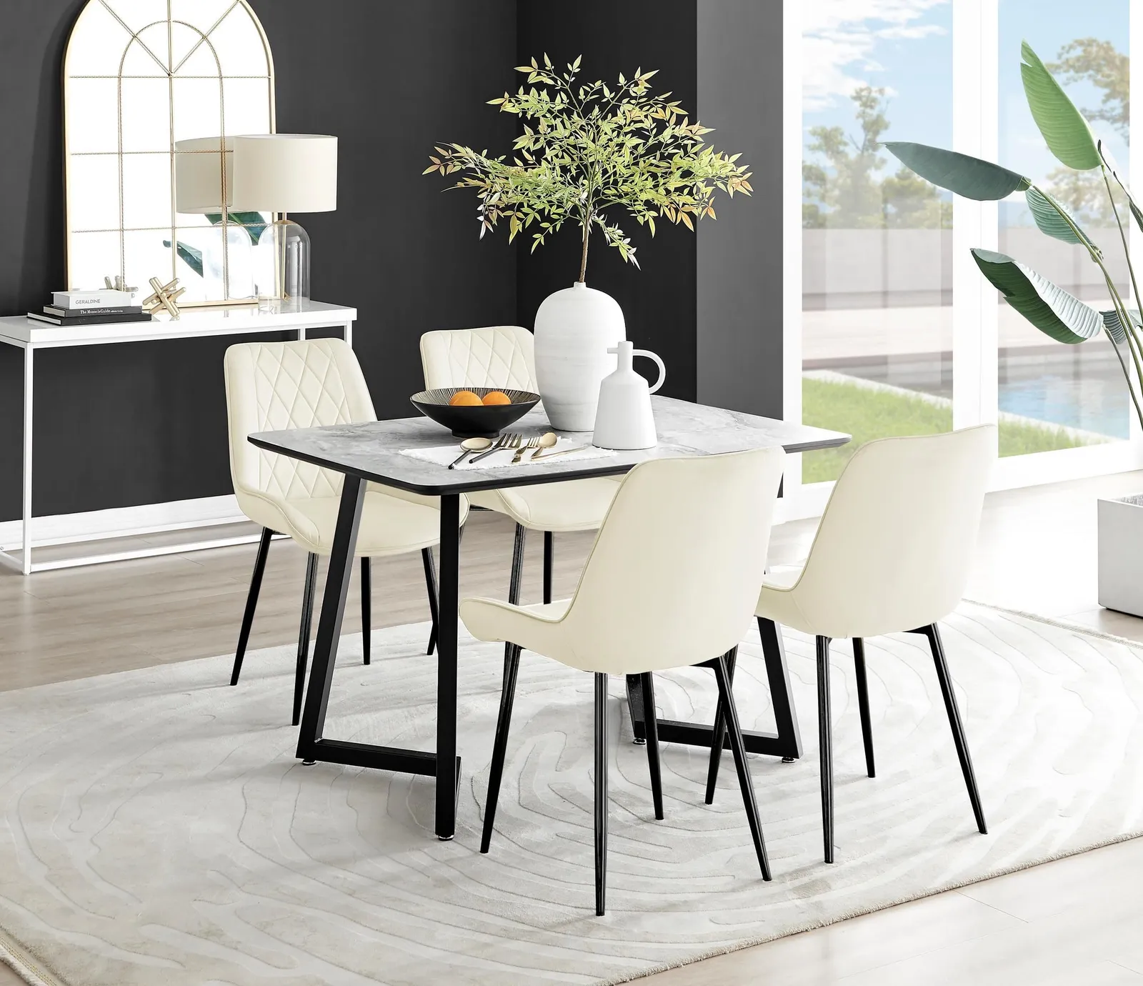 FurnitureboxUK Carson White Marble Effect Dining Table & 4 Pesaro Black Leg Chairs in Cream 1