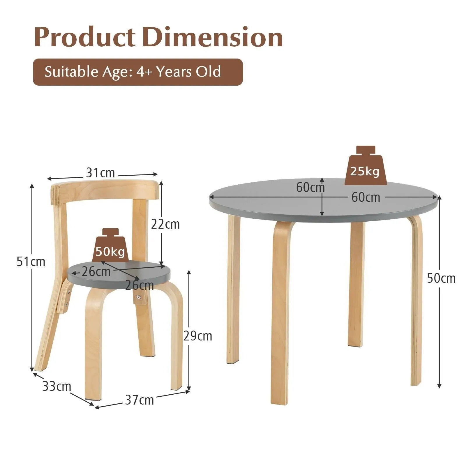 Costway 5-Piece Table & Chair Set Wooden Activity Table 4 Curved Chairs in Grey 2