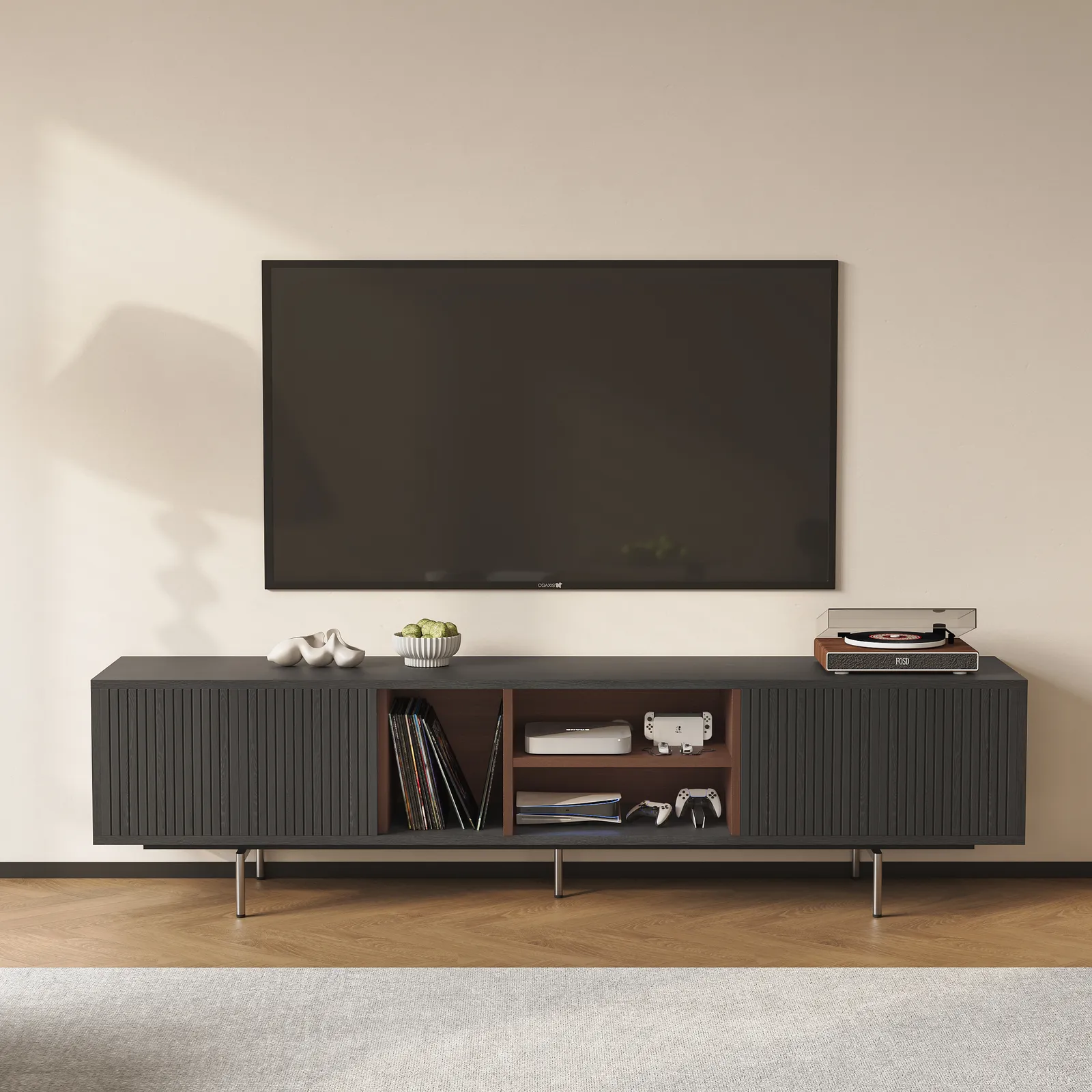TV Stand in Wood with Open Shelf and Ample Storage, Modern Black 2000 mm TV Unit