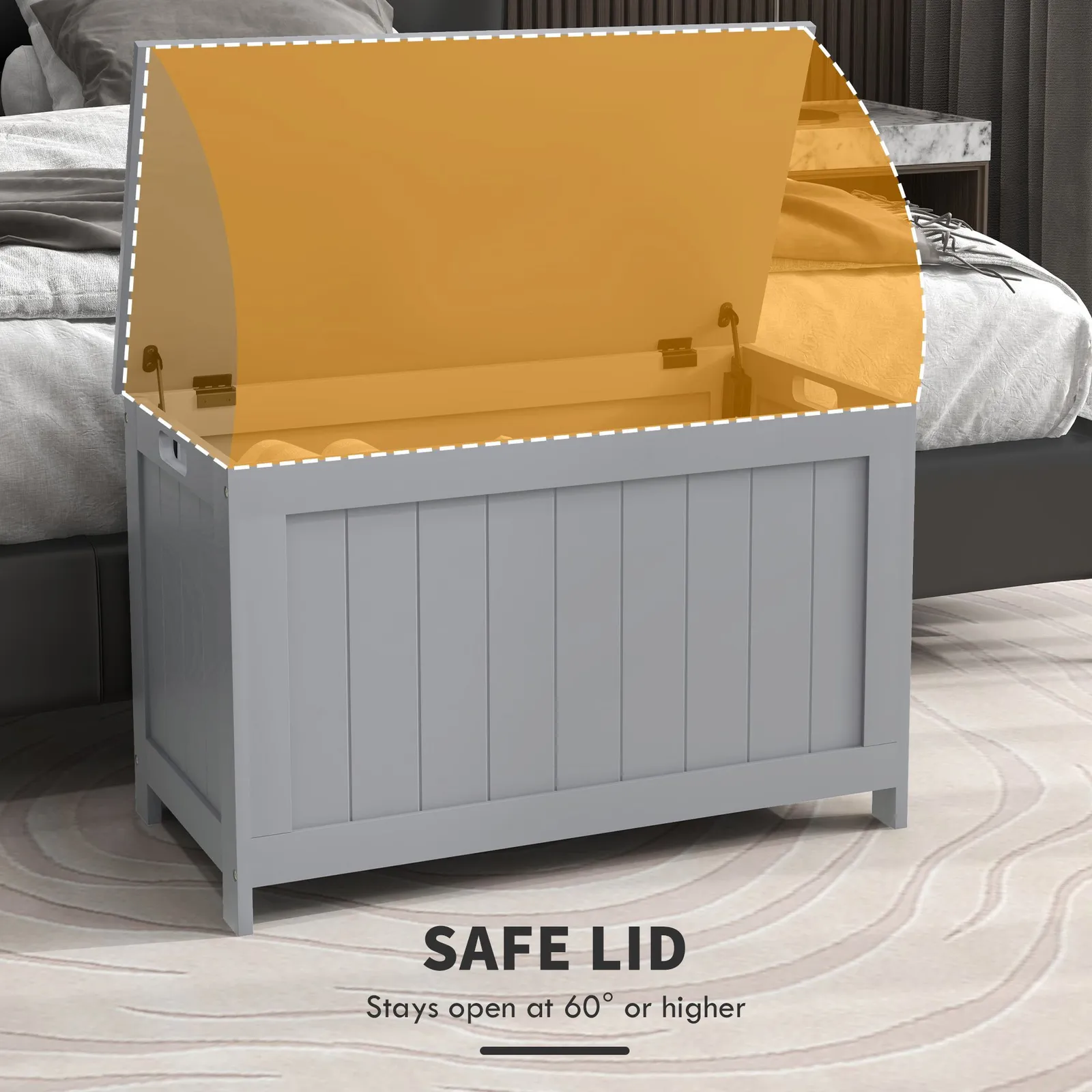 HOMCOM Storage Chest, Modern Storage Trunk with 2 Safety Hinges & Cut-out Handles, Wooden Toy Box for Living Room, Entryway, 76 x 40 x 48 cm in Grey 4