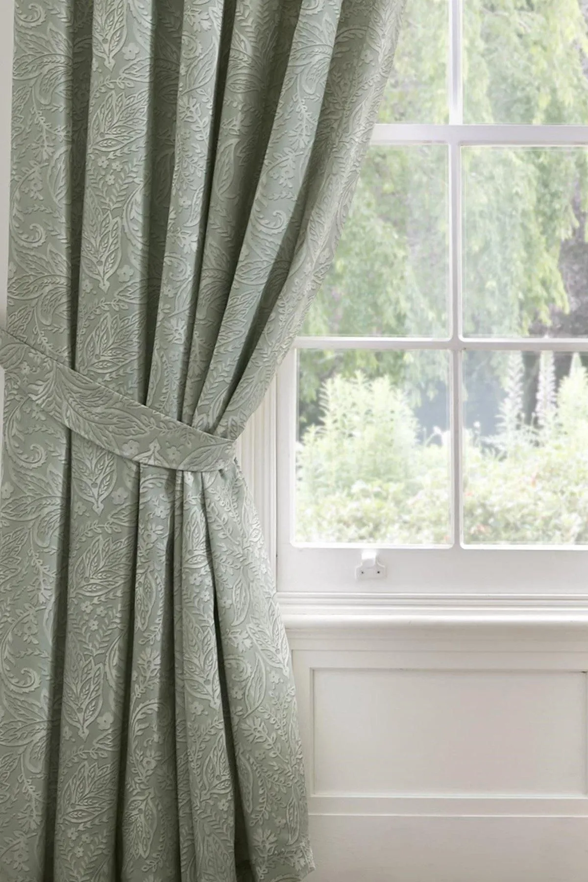 Dreams & Drapes 'Aveline' 100% Cotton Pair of Pencil Pleat Curtains With Tie-Backs in Green 2