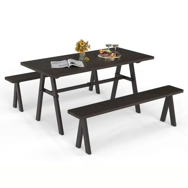 Costway 3Pcs Outdoor Picnic Table & Benches Set w/ 49MM Umbrella Hole in Brown