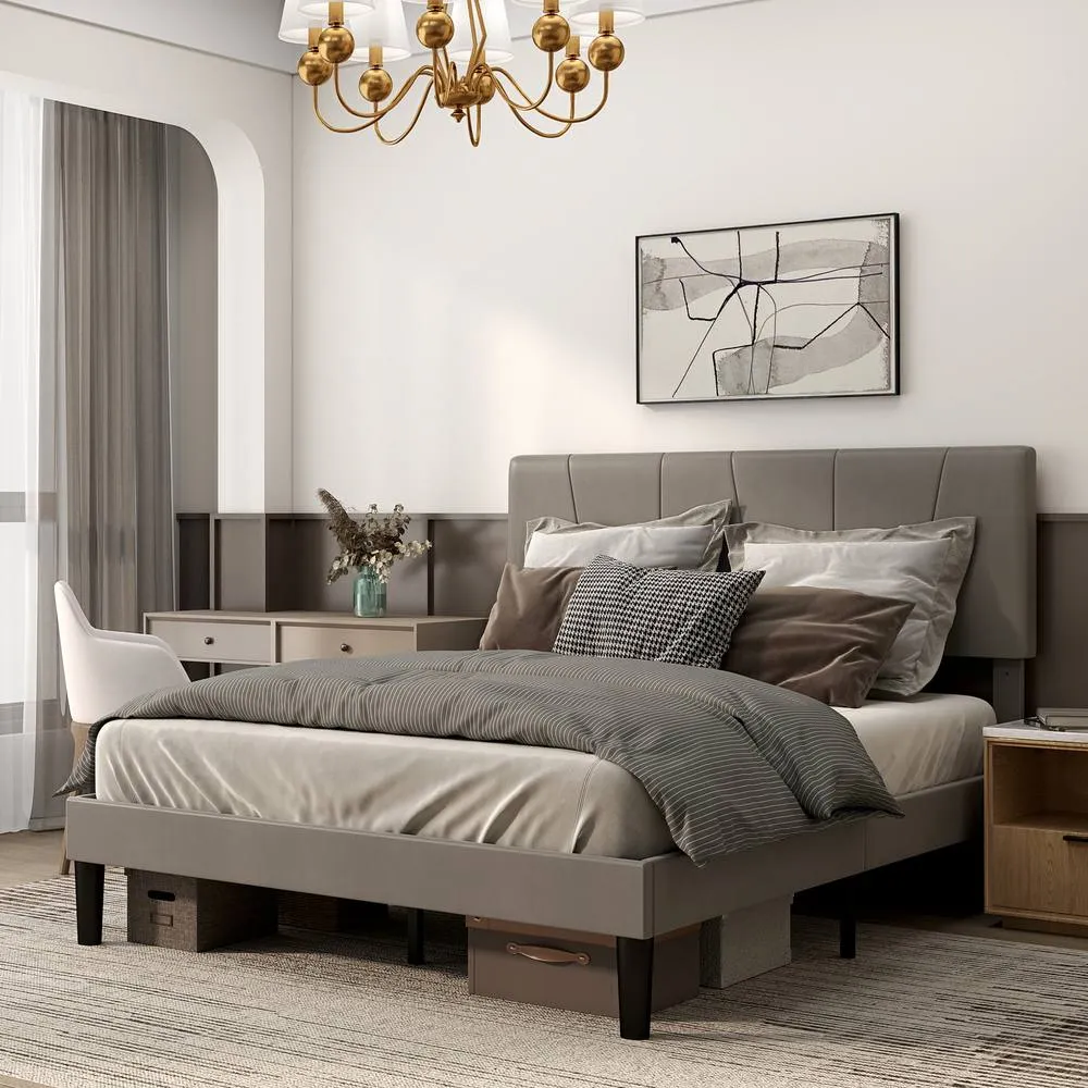 HOMCOM Bed Frame with 5-Level Adjustable Headboard Wooden Slats in Grey 2