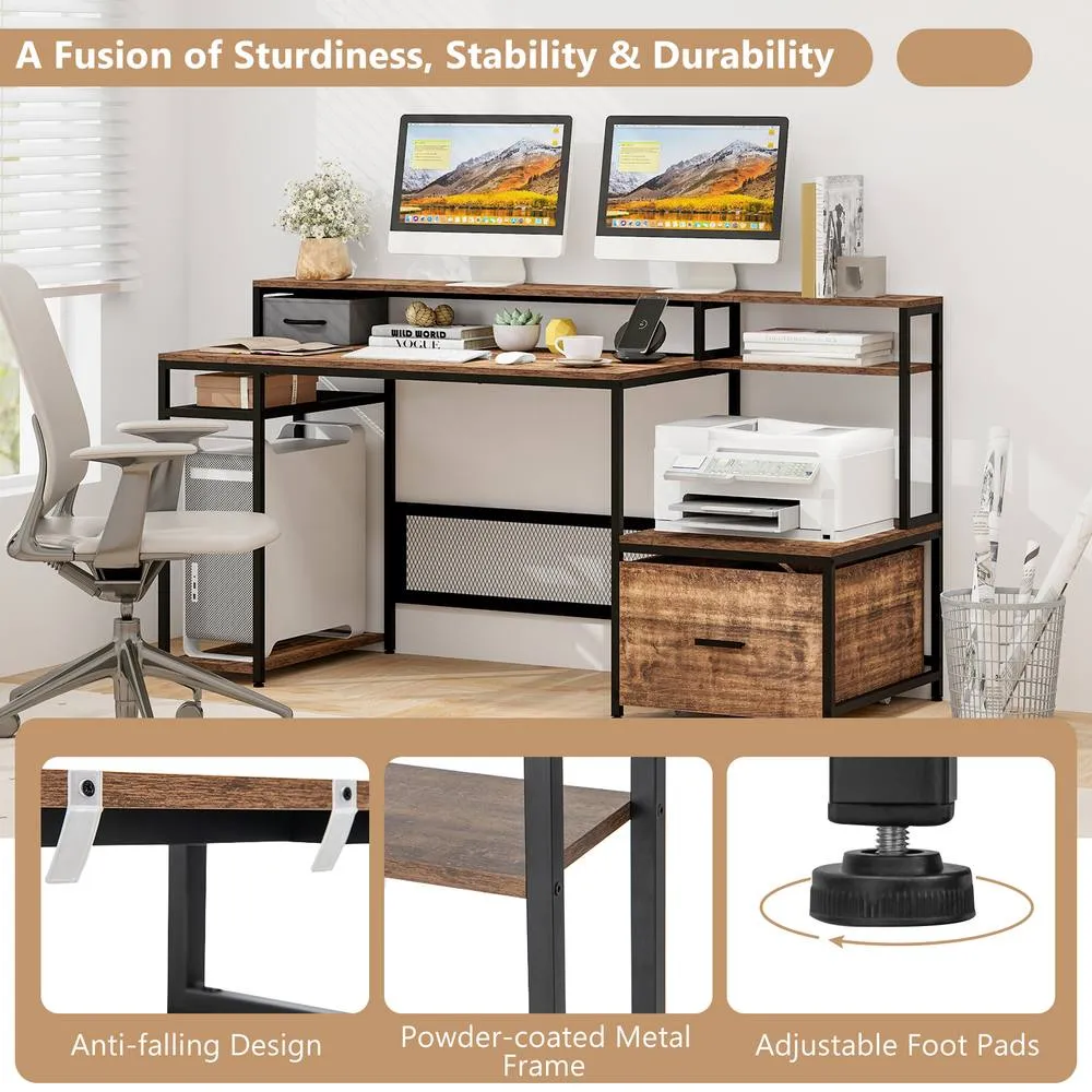 Costway 170CM Computer Desk w/Monitor Stand & File Drawer Writing Desk in Brown 3