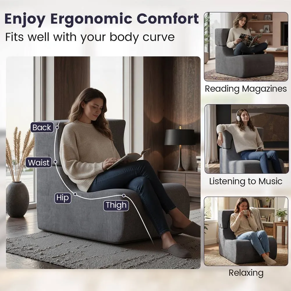 Costway Soft Floor Chair Lazy Sofa w/ Detachable Headrest Reading Chair in Grey 4