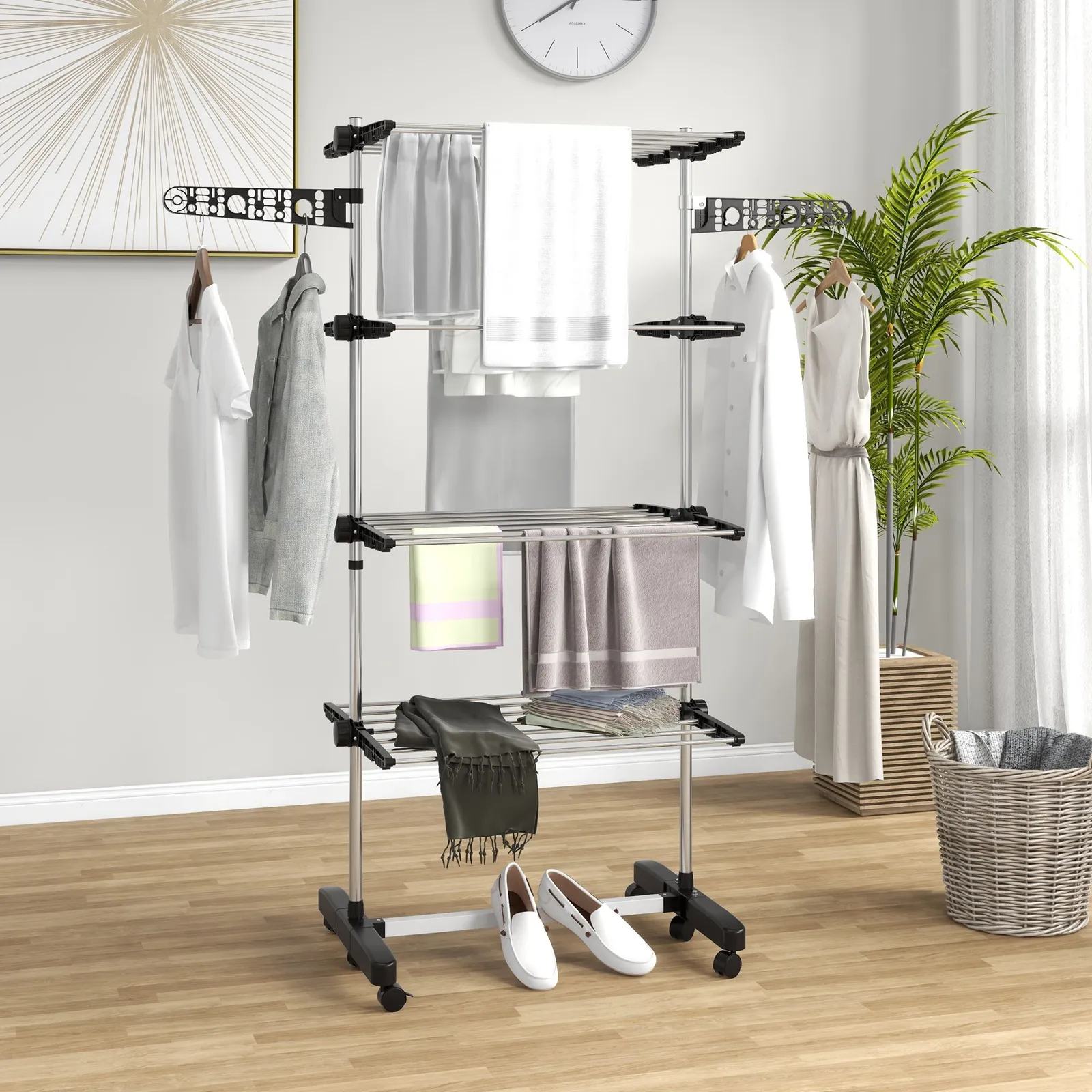 HOMCOM 4-Tier Large Clothes Airer Stainless Steel Clothes Drying Rack Black