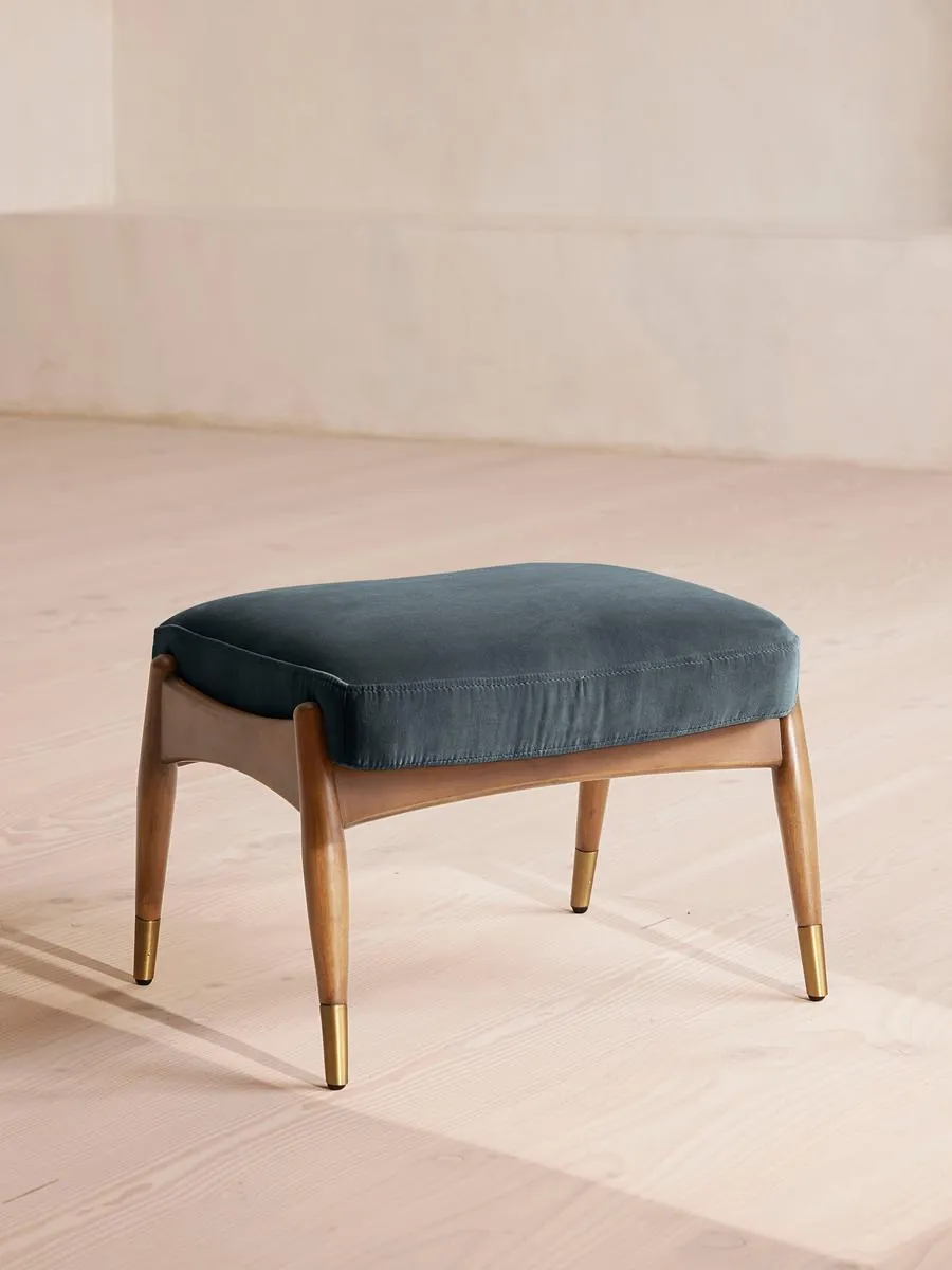 Theodore Oak Footstool, Velvet, Grey Blue