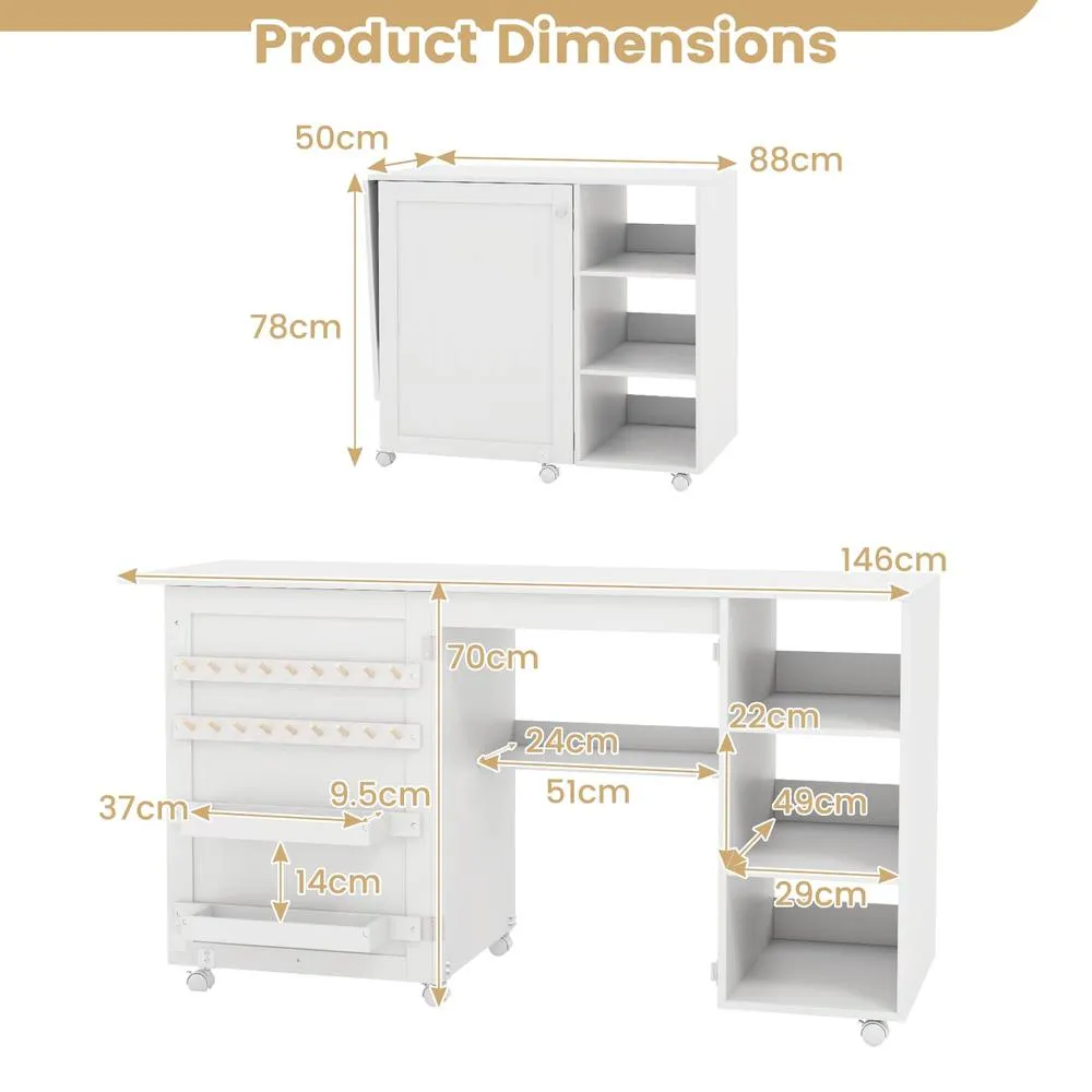 Costway Folding Sewing Table Multifunctional Sewing Machine Craft Station in White 2