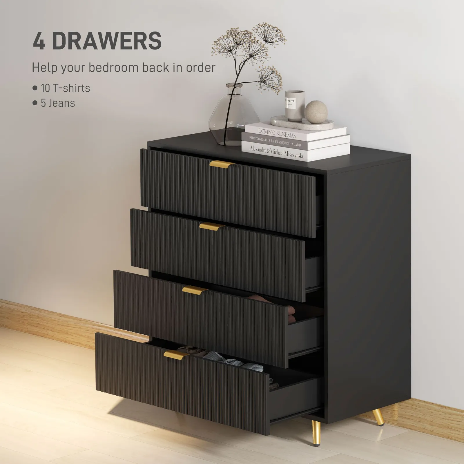 HOMCOM Chest of Drawers with 4 Drawers for Bedroom, Living Room in Black 4