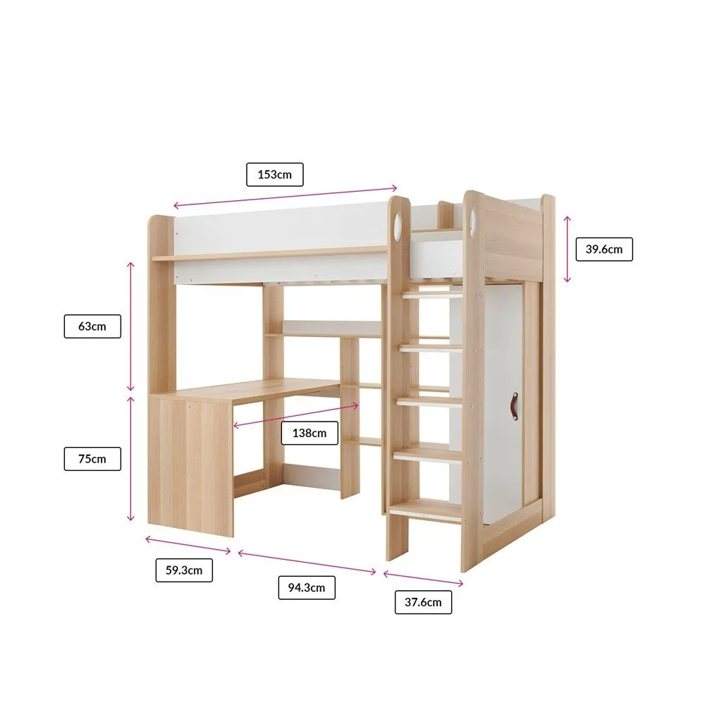 Flair Ava High Sleeper Bed with Desk, Wardrobe & Storage in Light Oak 6