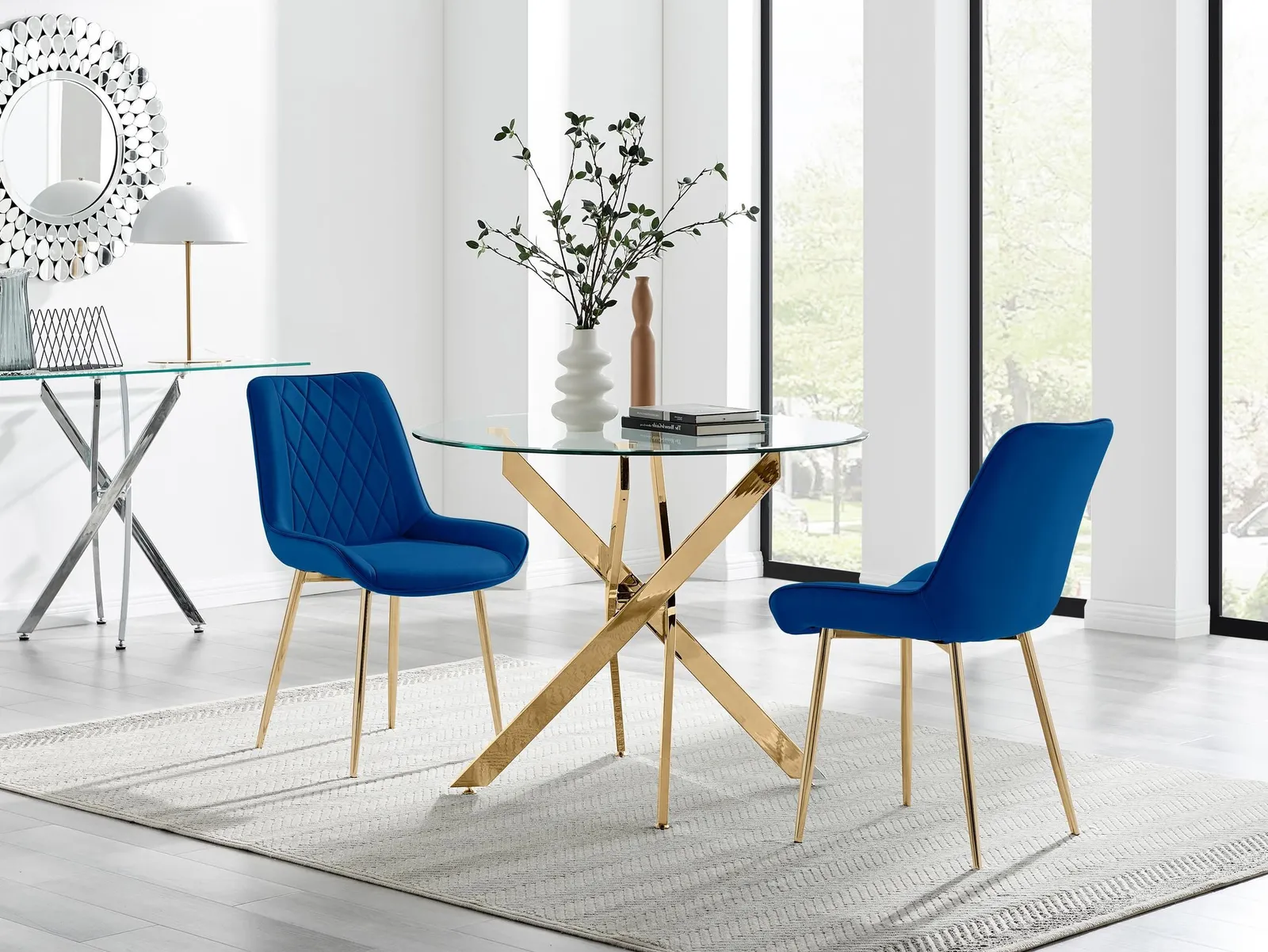 FurnitureboxUK Novara 100cm Round Gold Leg Dining Table & 2 Pesaro Gold Leg Chairs in Navy