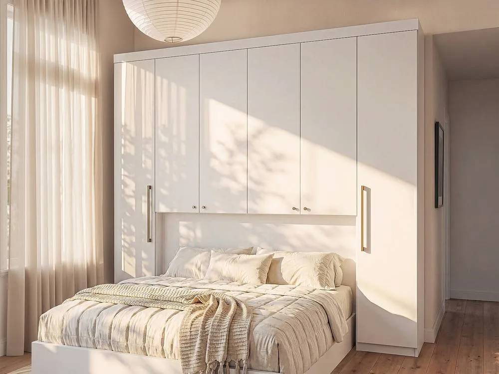 Vente-unique Bed Bridge - 6 Doors - With Wardrobes & Storage - L216, 5 Cm - White 3