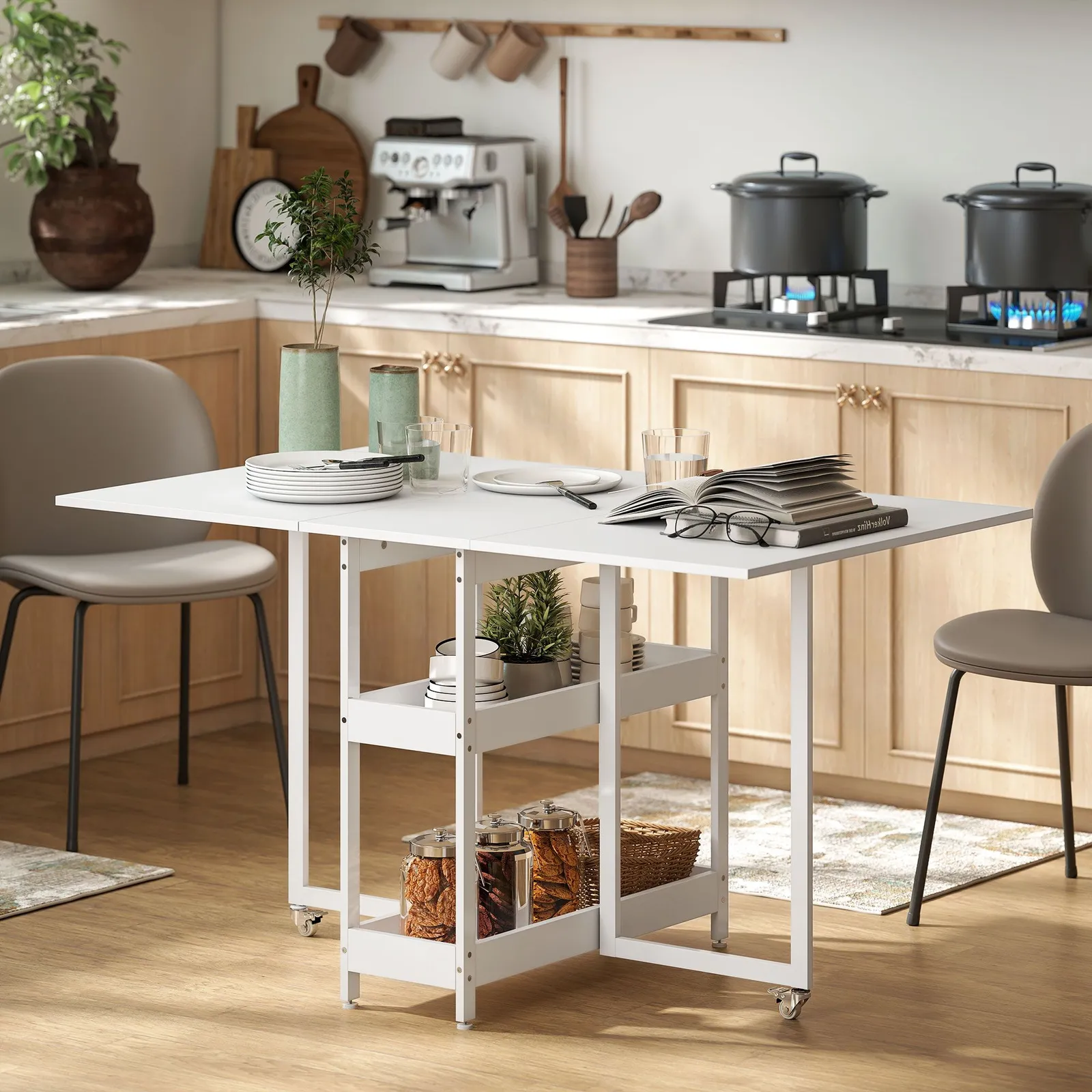 HOMCOM Folding Dining Table, Drop Leaf Table with Open Compartments in White