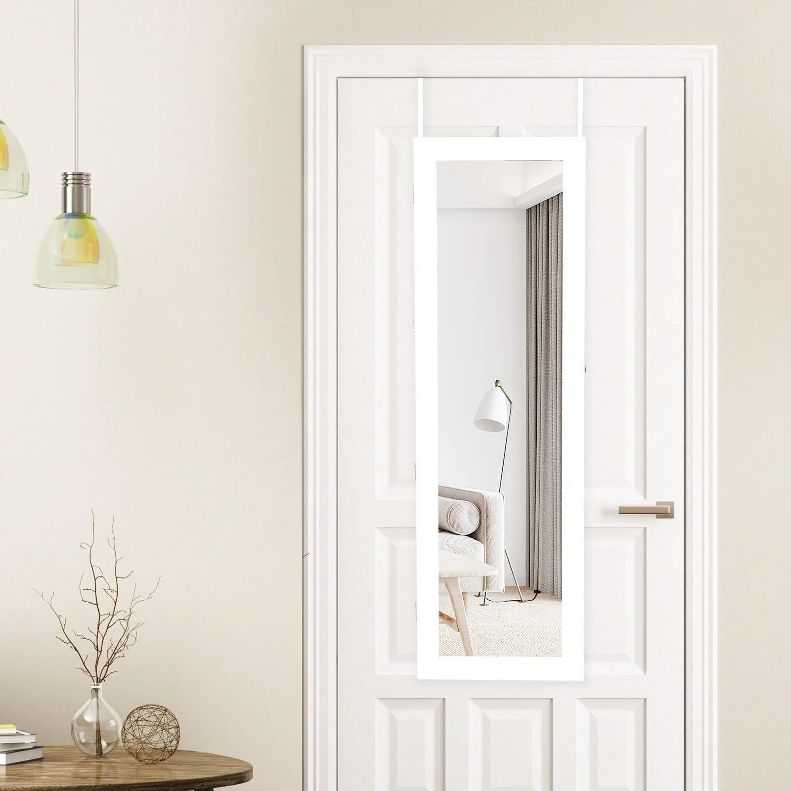 Costway Wall mounted Jewelry Storage Cabinet Door Hanging Jewelry Armoire with Full Mirror in White 4