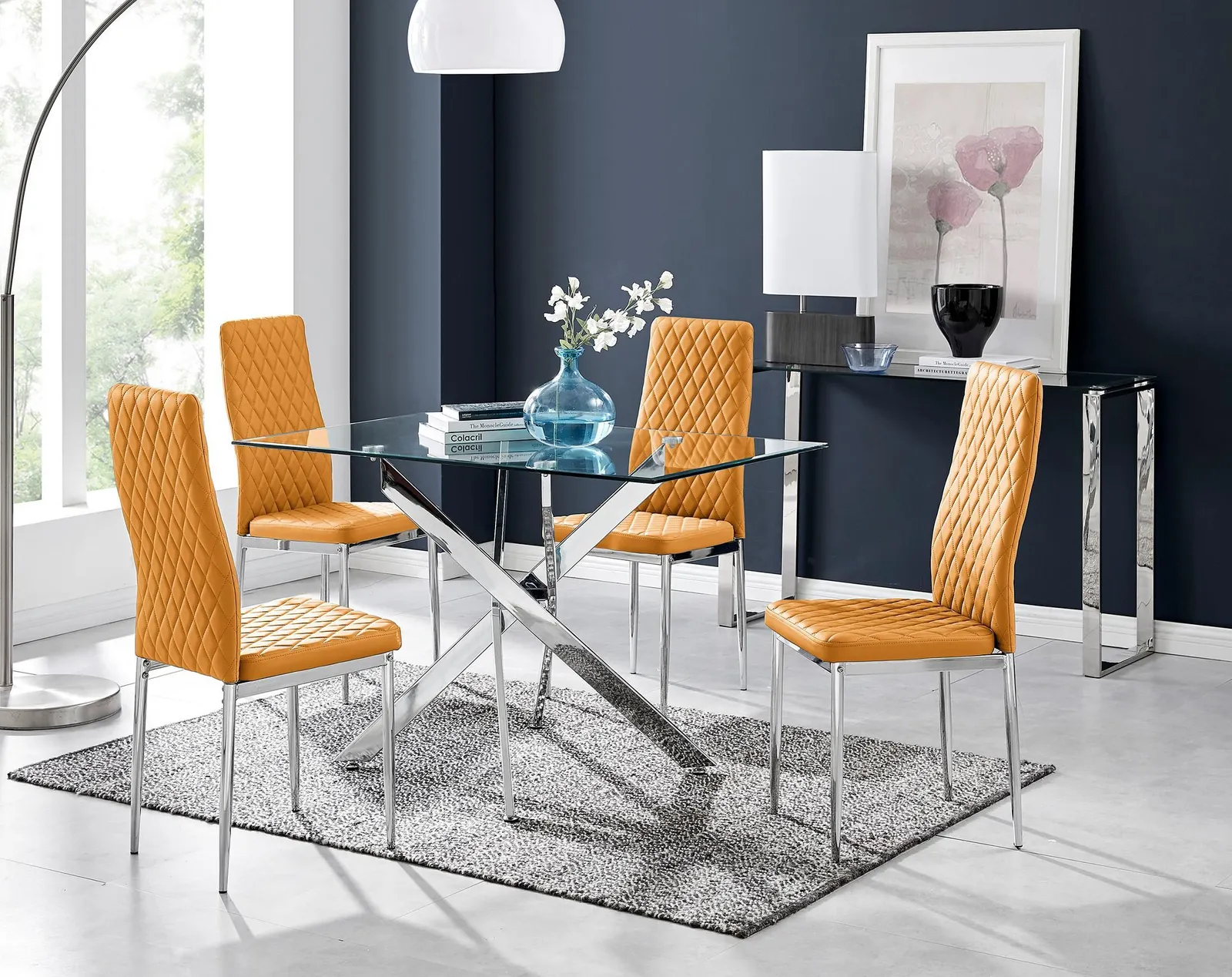 FurnitureboxUK Leonardo Glass & Chrome Metal Dining Table & 4 Milan Chairs Set in Mustard 1