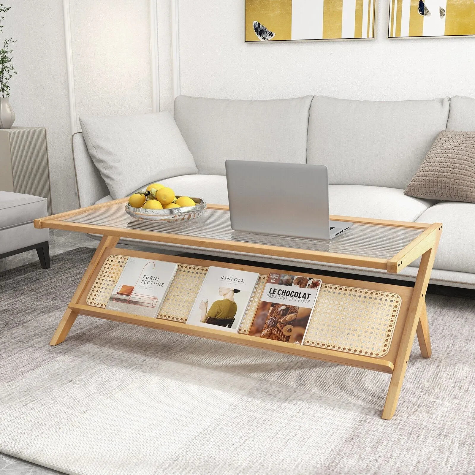 Costway 2-Tier Rectangular Coffee Table Modern Center Bamboo Table with Glass Tabletop in Natural 3