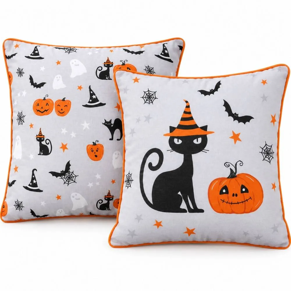 Smart Living Set of 2 Halloween Printed Filled Cushions 45x45cm Cat Pumpkin Design 3
