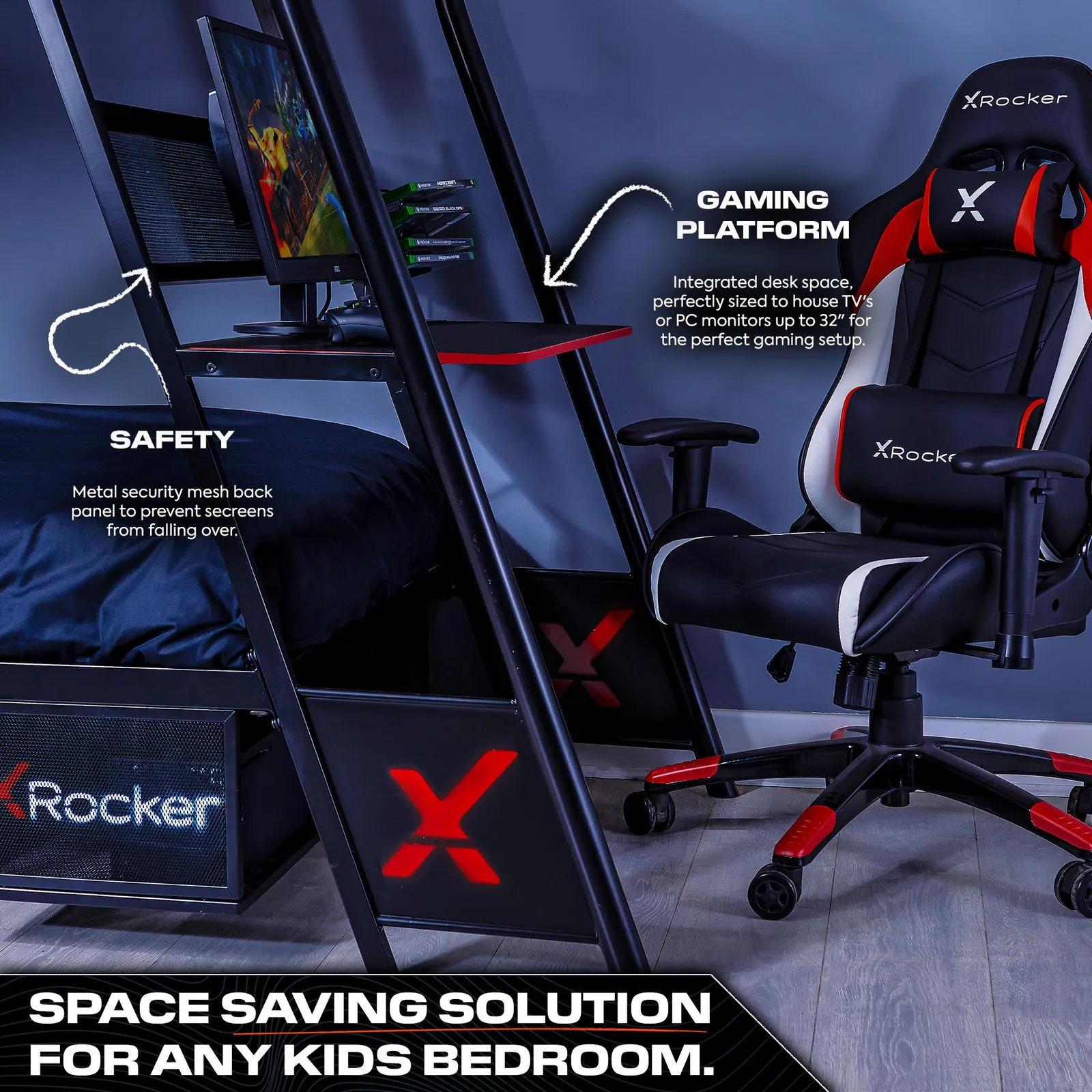 X Rocker Armada Bunk Bed with Gaming Desk & Storage in Black 3