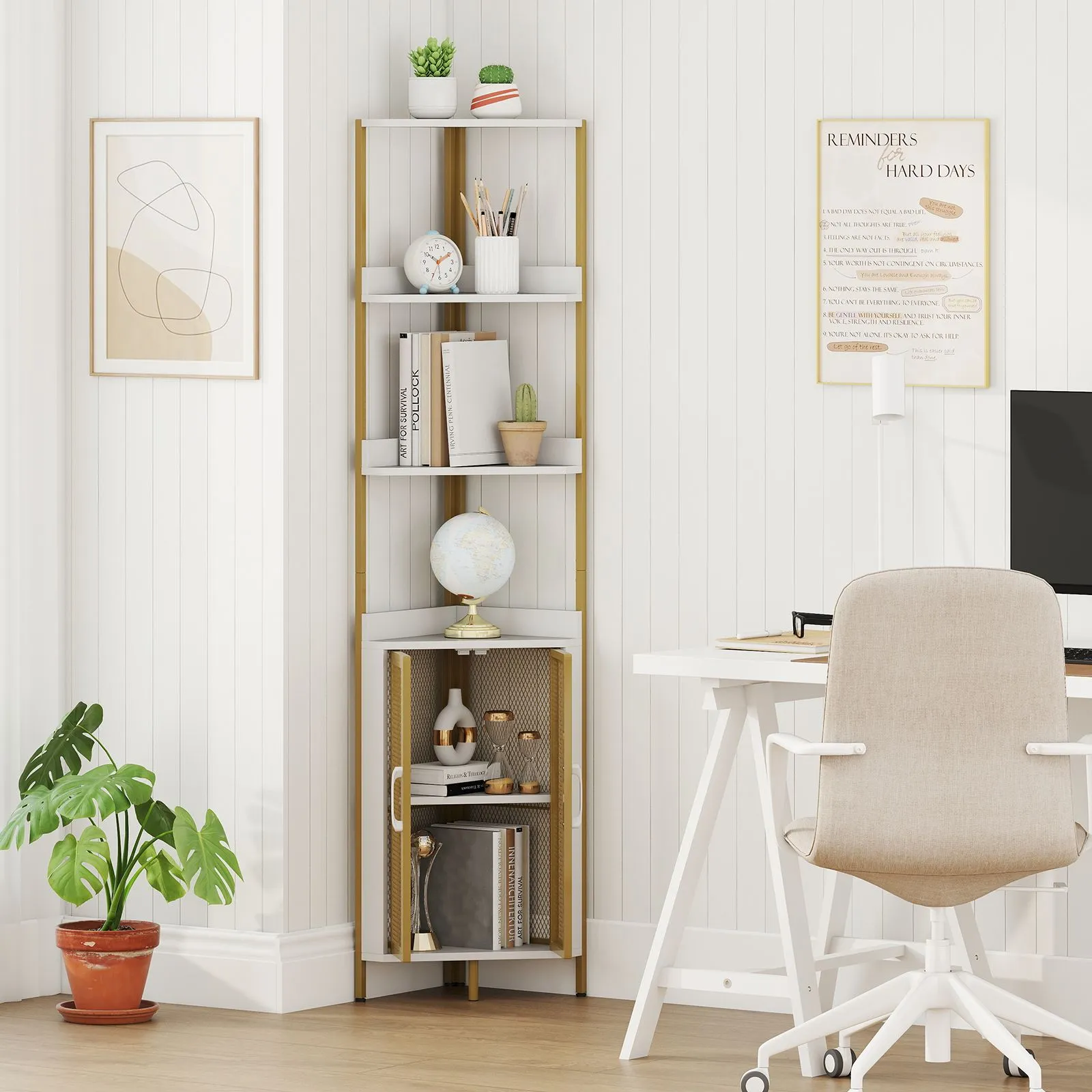 Costway 6-Tier Corner Shelf Industrial Bookcase Display Shelf w/ Cabinet in White 3