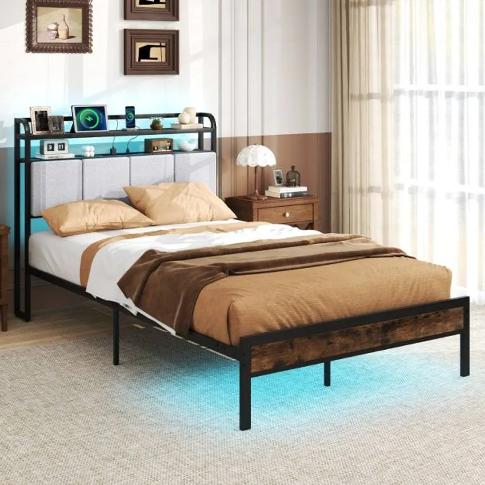 Costway Double Size Bed Frame w/ LED Light & Charging Station-Brown in Brown 2