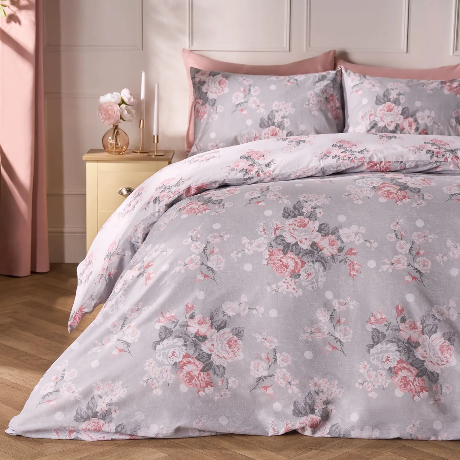 OHS English Rose Duvet Cover with Pillow Case Bedding Set in Light Grey