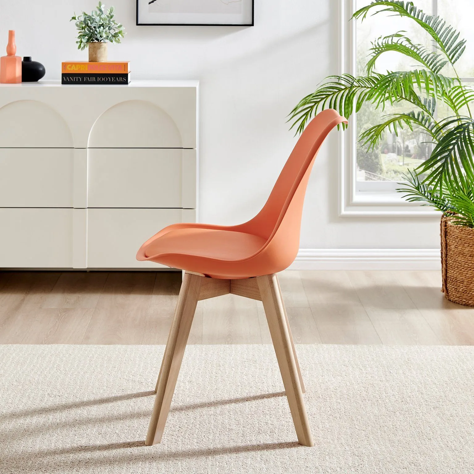 FurnitureboxUK Set of 2 Stockholm Natural Birch Wood Scandi Minimalist Dining Chairs with Faux Leather Cushion in Orange 4