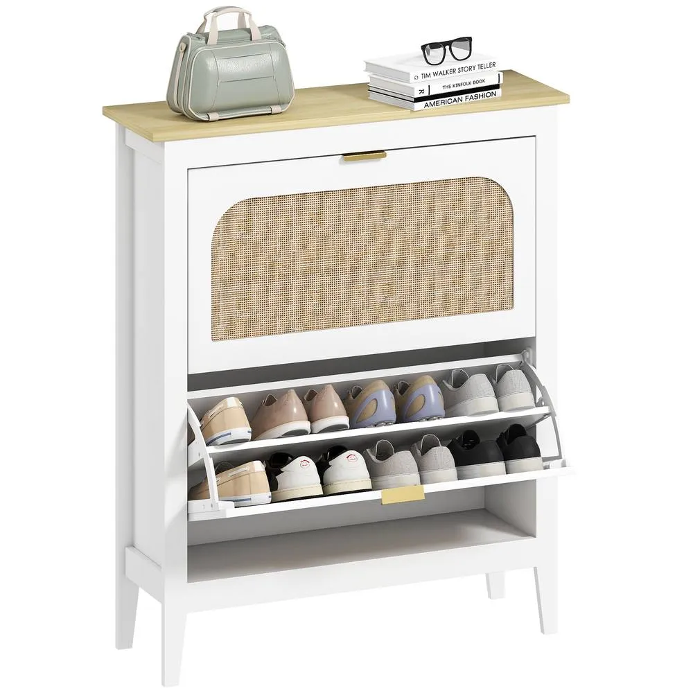 HOMCOM Boho Slim Shoe Cabinet with Rattan Doors, Holds 14 Pairs, White 2