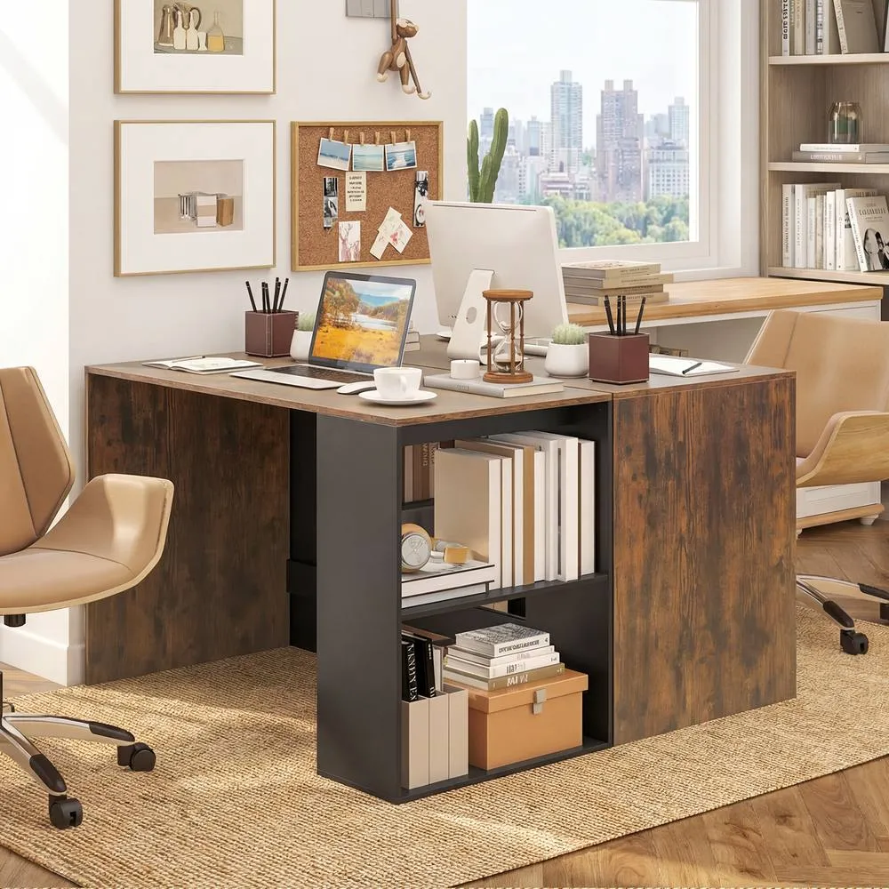 Costway Modern Wooden Office Desk with 2 Open Shelves in Brown 5