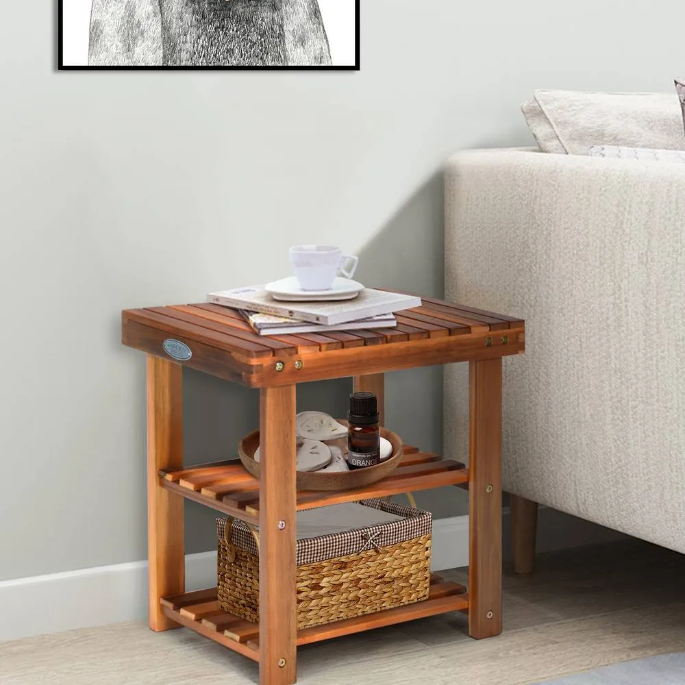 Costway Acacia Wood Shoe Rack Bench 3-Tier Shoe Organizer 50x28x45cm in Brown