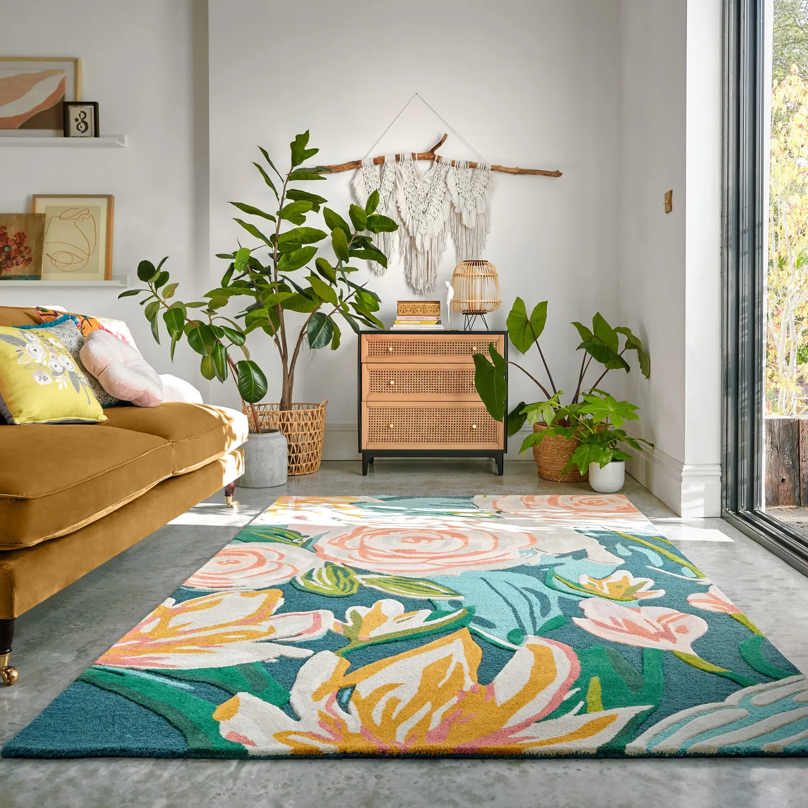 Artist Floral Wool Rug Green, Yellow and Pink